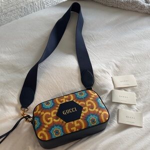 Gucci Multicolor GG Centennial Camera Shoulder Bag with Navy Strap